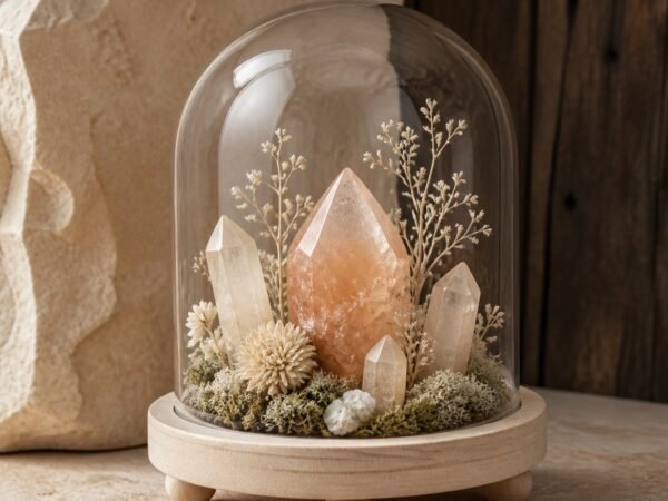 forest-crystal-dome-gardens-16-peach-crystal Peach Crystal Dome with a peach crystal moss and dried botanicals beneath a clear glass dome