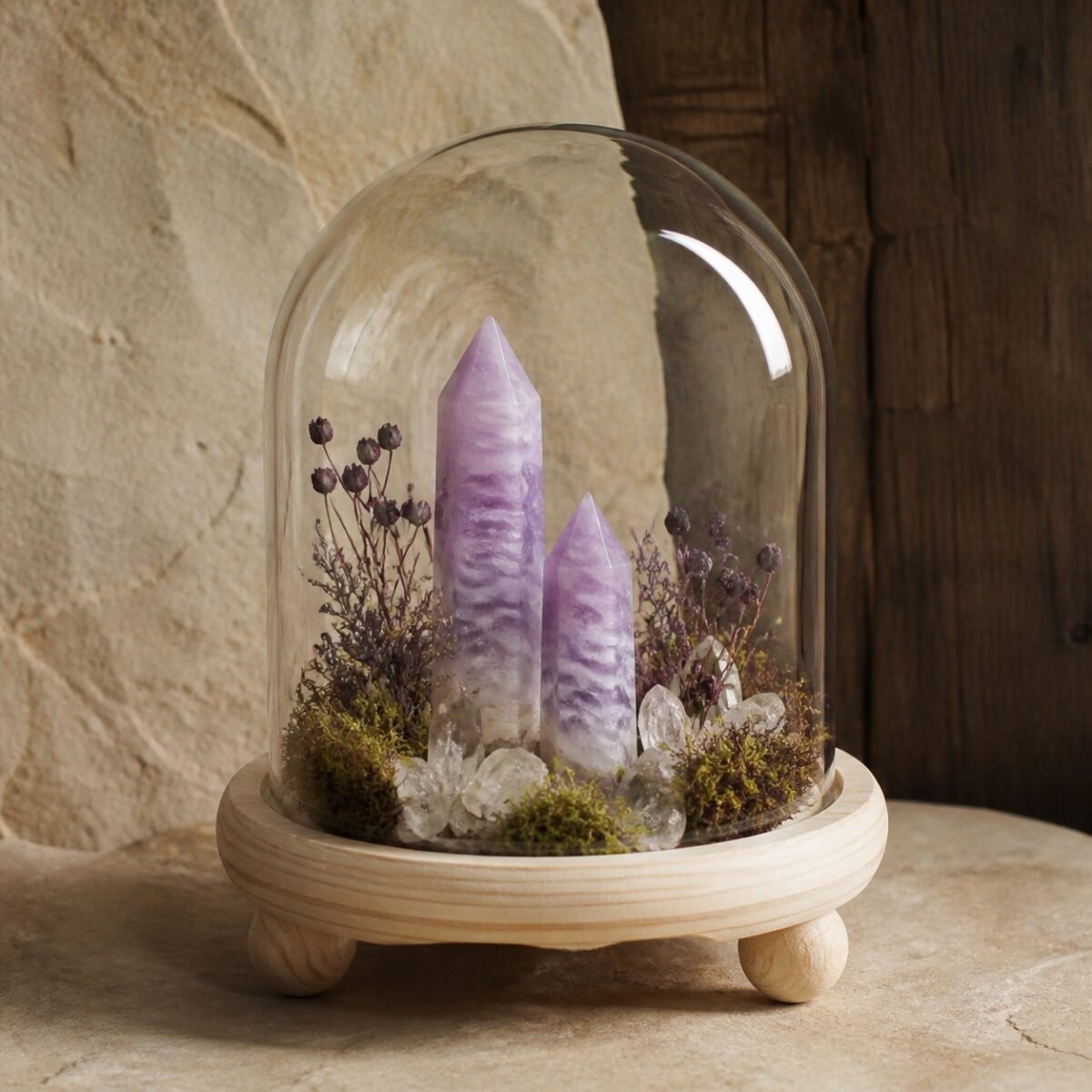 Lilac Crystal Dome with a lilac crystal moss and dried botanicals beneath a clear glass dome
