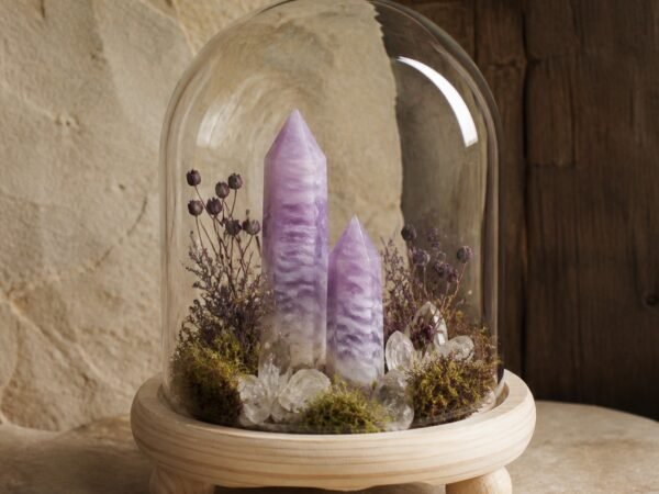 Lilac Crystal Dome with a lilac crystal moss and dried botanicals beneath a clear glass dome