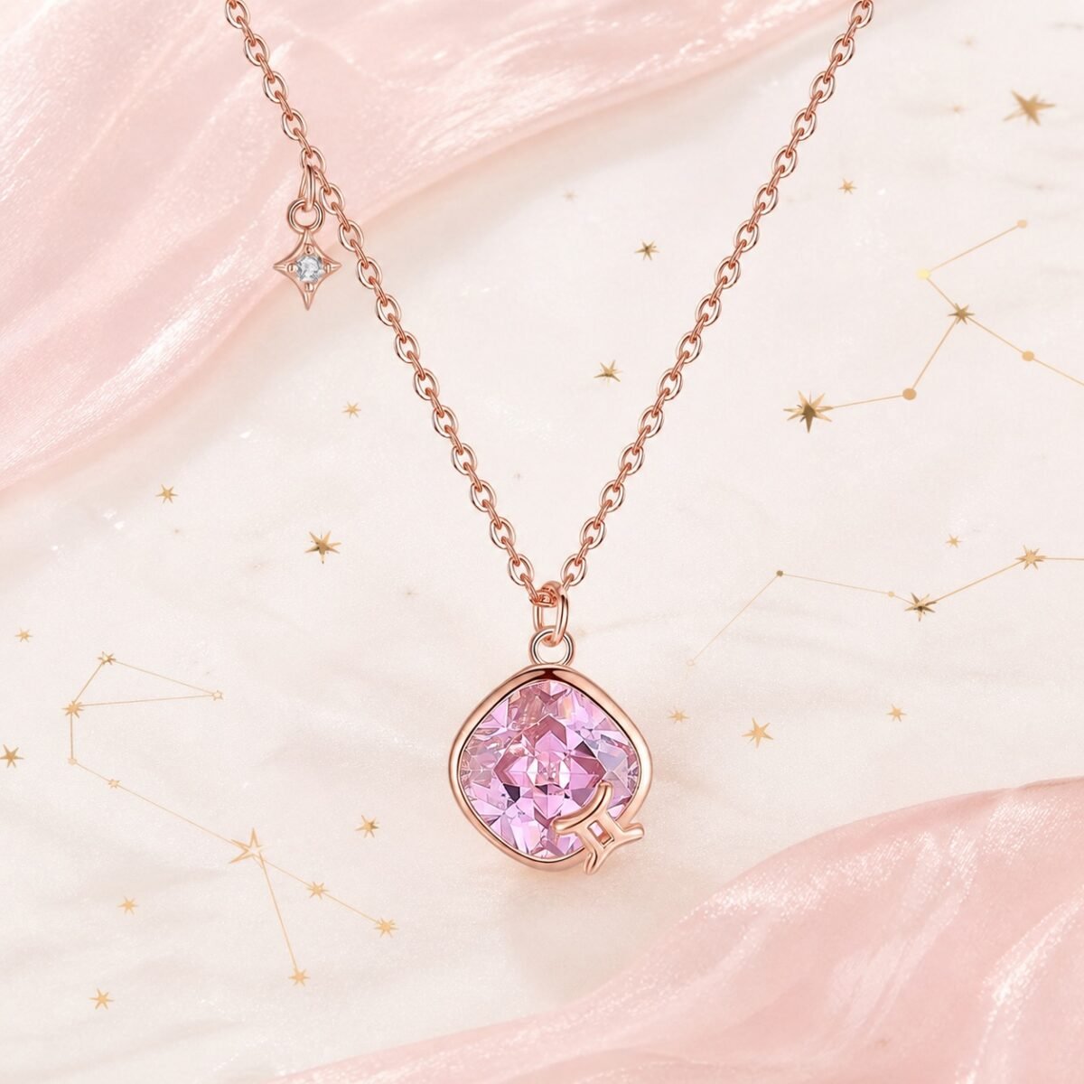 Gemini rose gold crystal zodiac necklace with blush-pink crystal and Gemini glyph