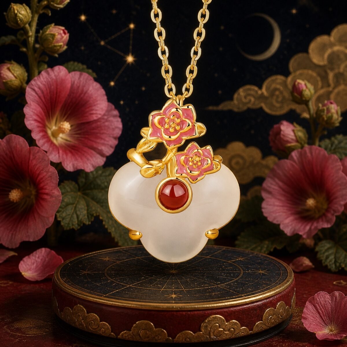 Gemini hollyhock necklace pendant in gold-tone S925 sterling silver with white chalcedony and red agate