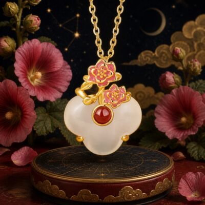 Gemini hollyhock necklace pendant in gold-tone S925 sterling silver with white chalcedony and red agate