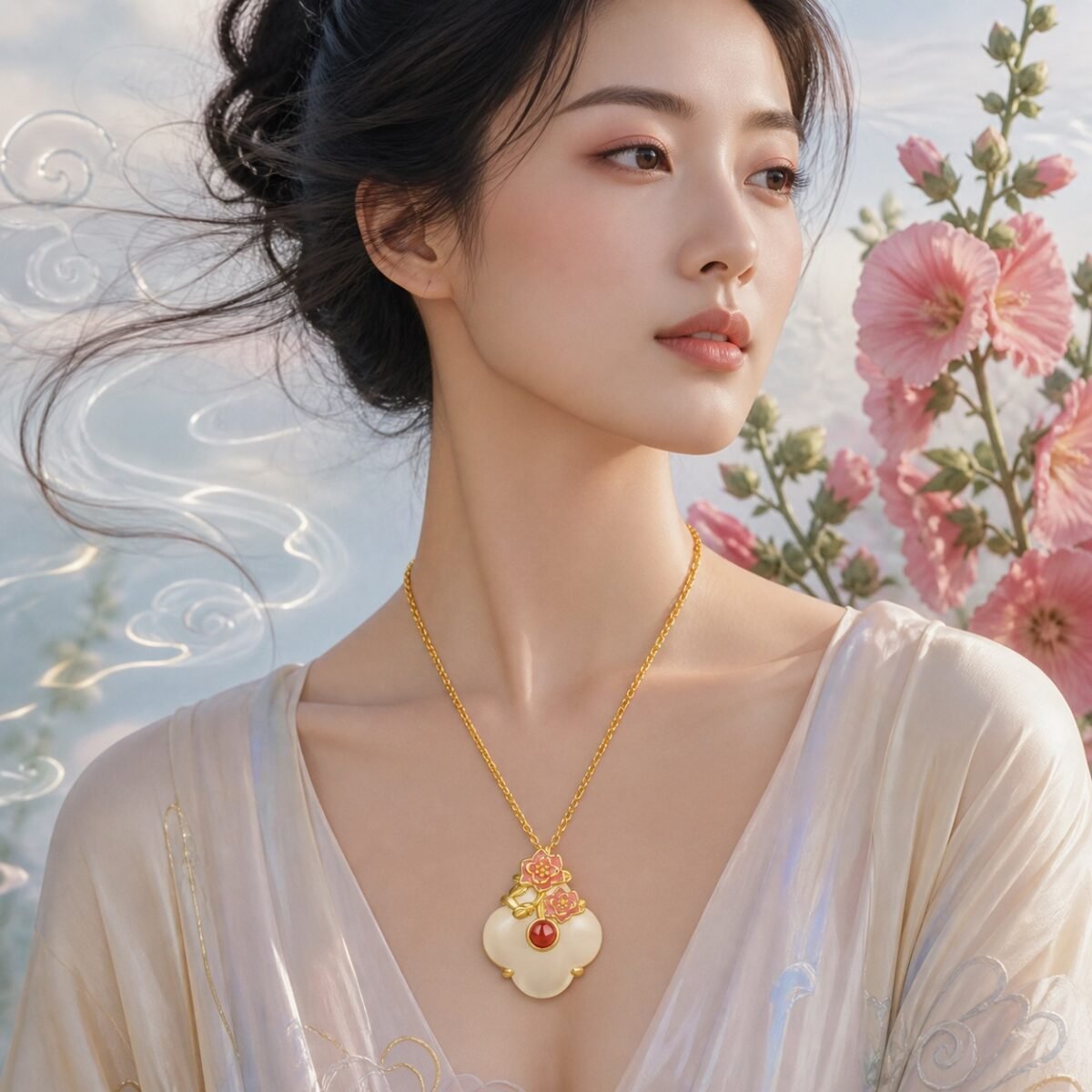 Gemini Eastern Zodiac Guardian Flower Goddess Necklace – Hollyhock