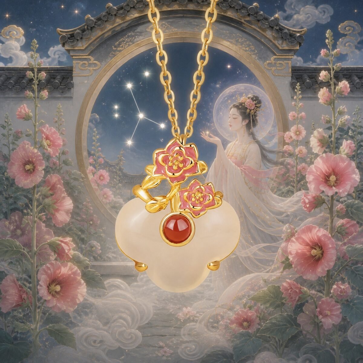 Gemini Eastern Zodiac Guardian Flower Goddess Necklace – Hollyhock