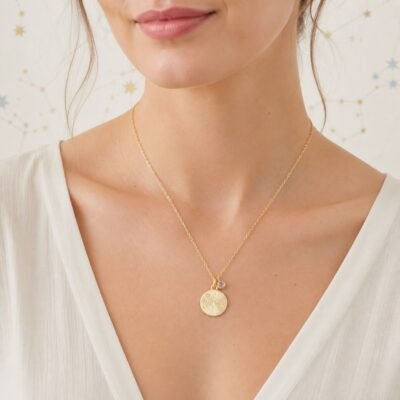 gemini-gold-zodiac-medallion-necklace-02-worn-light Gemini Gold Constellation Medallion Necklace