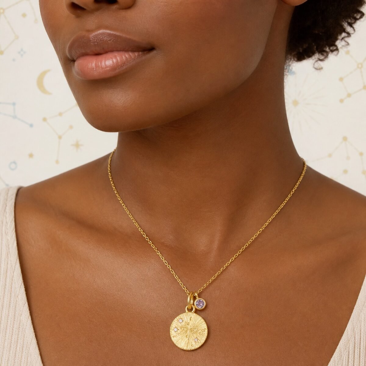 gemini-gold-zodiac-medallion-necklace-03-worn-deep Gemini Gold Constellation Medallion Necklace