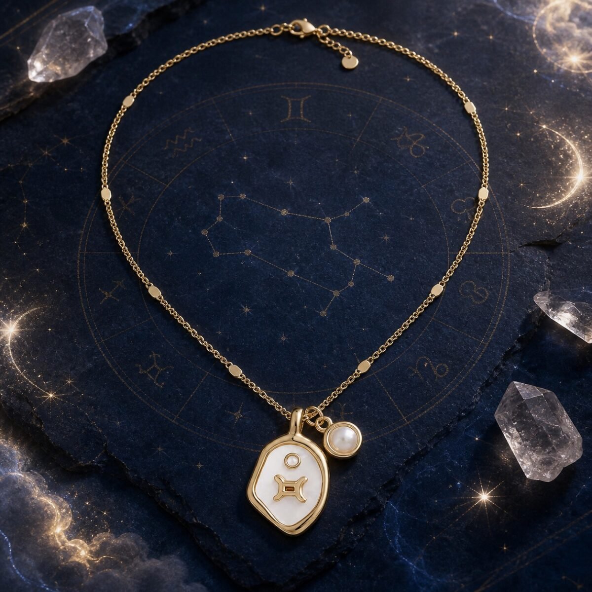 Gemini pearlescent necklace with raised gold-tone glyph and light amethyst charm
