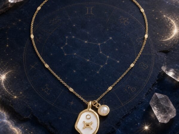 gemini-pearlescent-zodiac-birthstone-necklace-01-product Gemini pearlescent necklace with raised gold-tone glyph and light amethyst charm