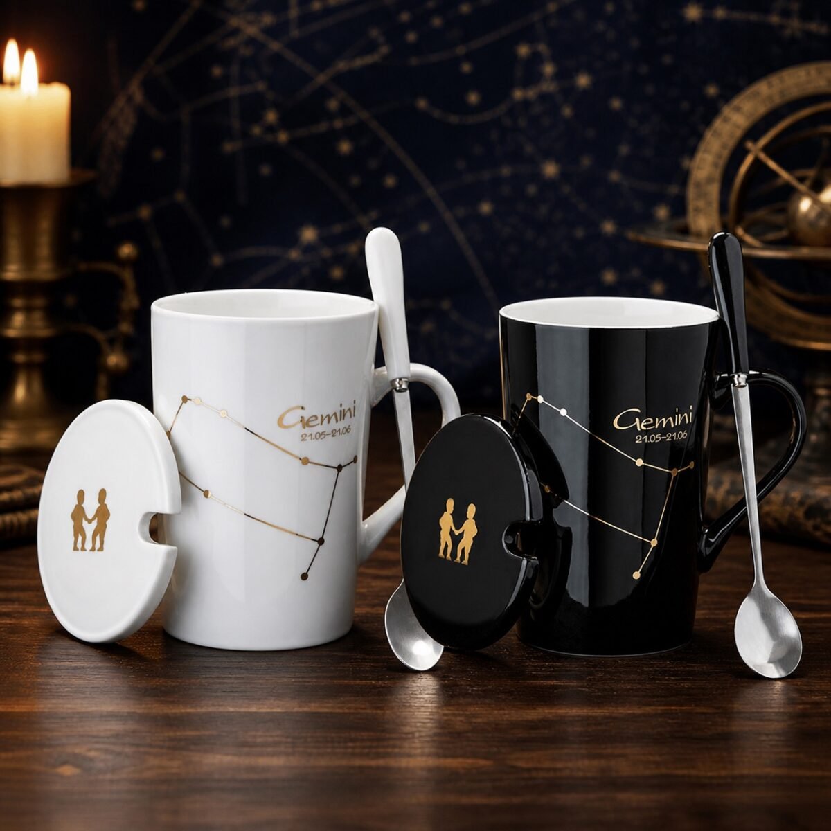 Gemini Ceramic Mug Set with gold-fired constellation design, ceramic lid, and spoon