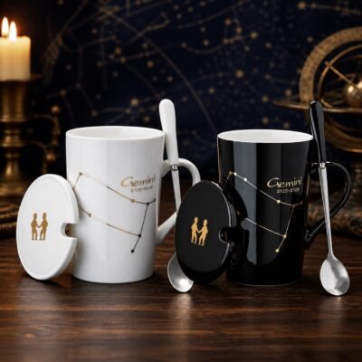Gemini Ceramic Mug Set with gold-fired constellation design, ceramic lid, and spoon