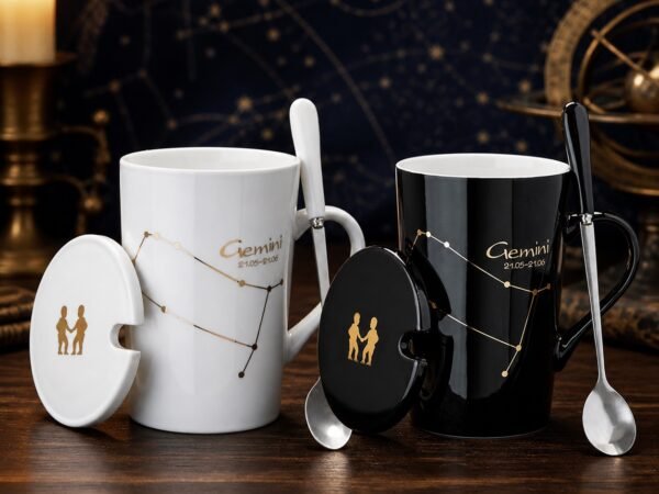 Gemini Ceramic Mug Set with gold-fired constellation design, ceramic lid, and spoon
