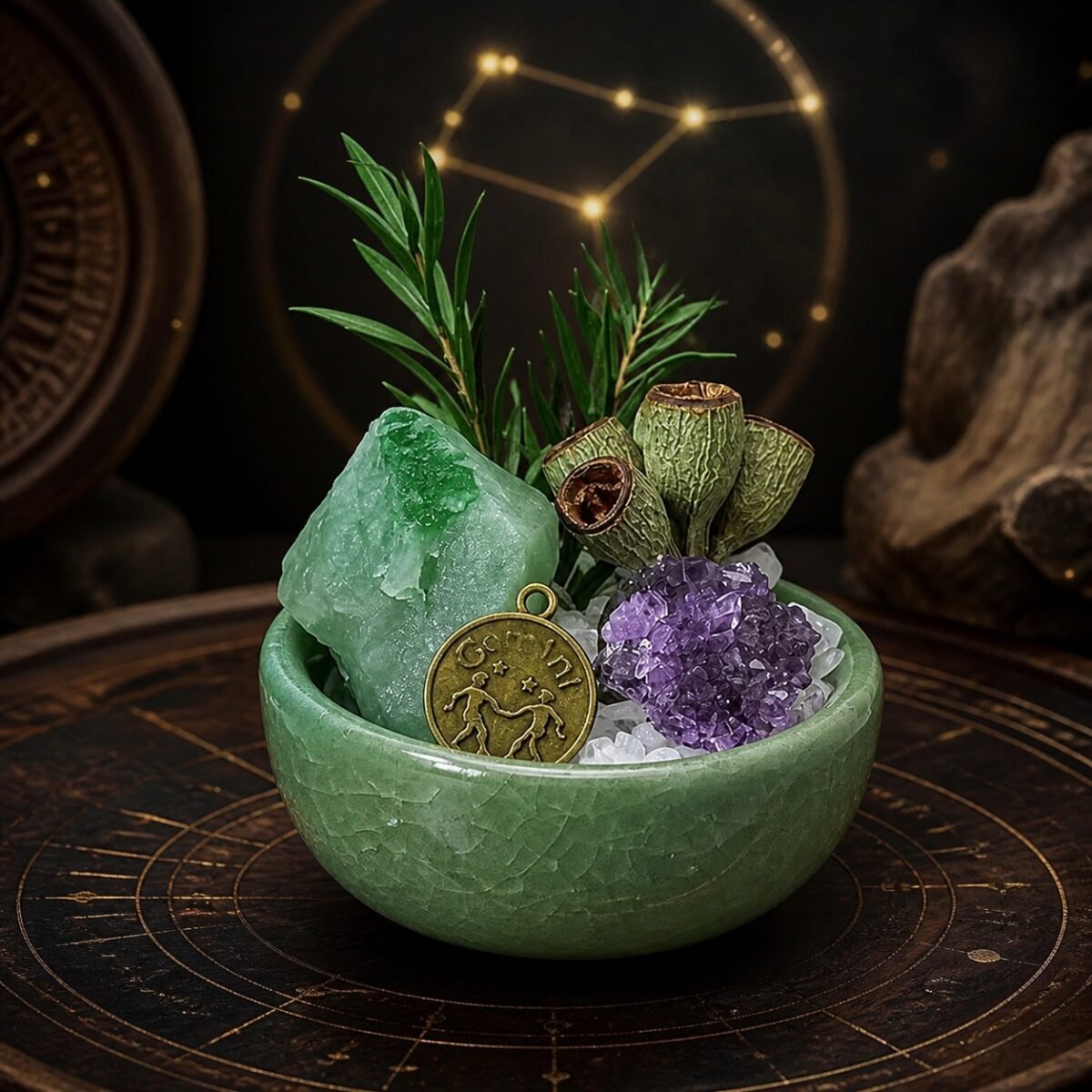 Gemini Crystal Micro-Landscape Desk Decor with green aventurine, amethyst, clear quartz, botanical accents, and zodiac medallion