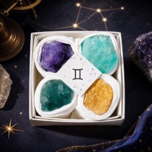 Gemini Four Raw Crystal Gift Set with four natural raw crystals in a gift box