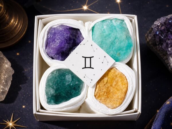 gemini-zodiac-four-raw-crystal-gift-set-01-box Gemini Four Raw Crystal Gift Set with four natural raw crystals in a gift box