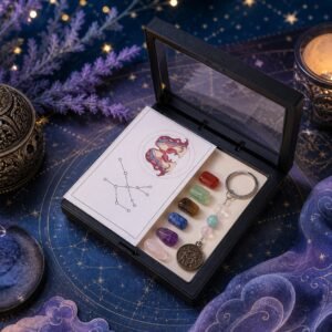 Gemini Seven Chakra Crystal Keychain with seven raw stones, three accent beads, and brass-tone medallion