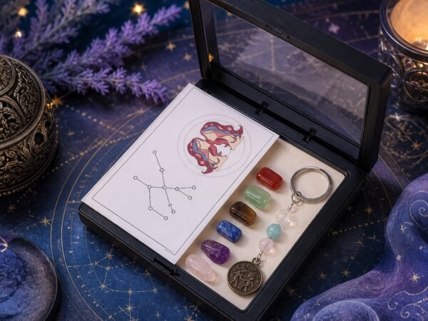 Gemini Seven Chakra Crystal Keychain with seven raw stones, three accent beads, and brass-tone medallion
