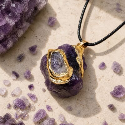 Amethyst raw crystal pendant with gold-tone wrap and black hand-braided cord