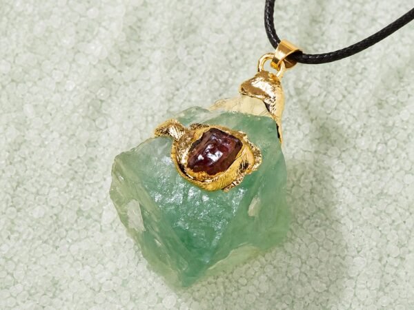 gold-wrapped-raw-crystal-talisman-pendant-collection-green-fluorite-01-main Green fluorite raw crystal pendant with gold-tone wrap and black hand-braided cord