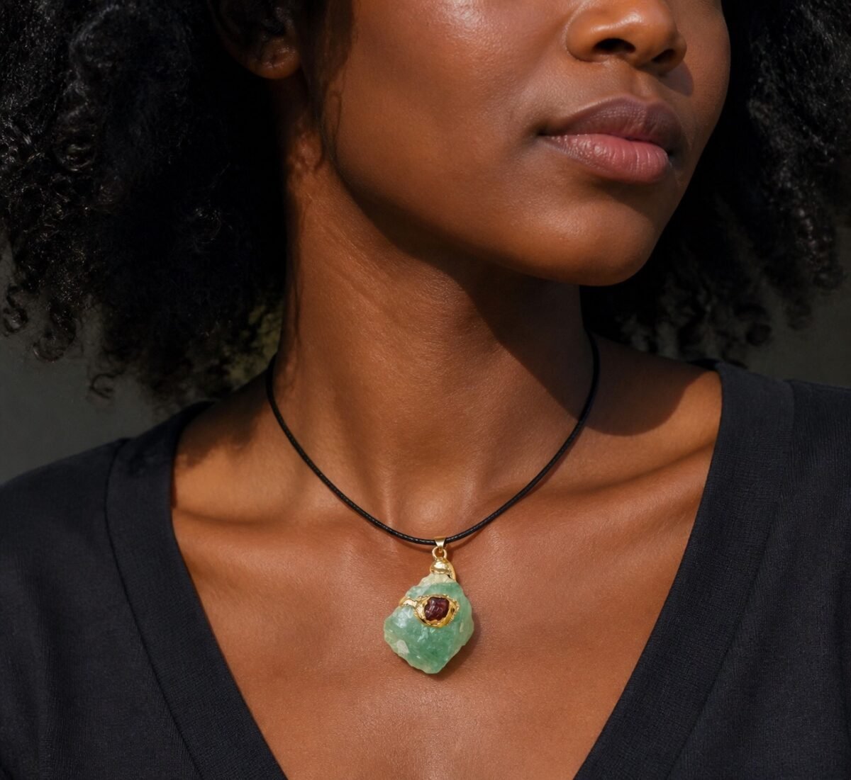 Green Fluorite Gold-Wrapped Raw Crystal Talisman Pendant