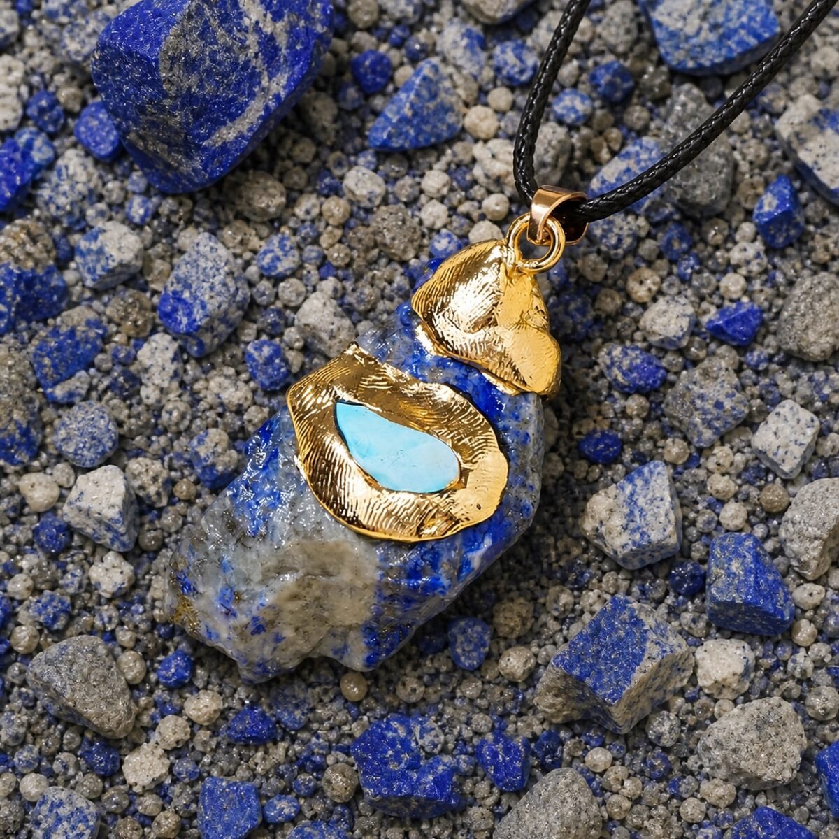 Lapis lazuli raw crystal pendant with gold-tone wrap and black hand-braided cord