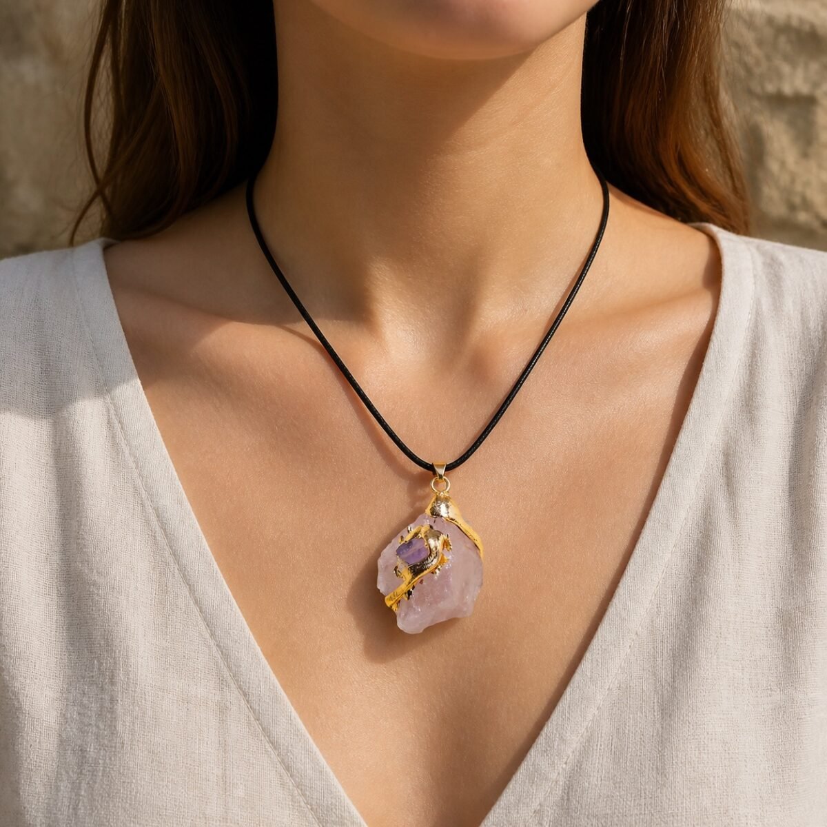 Rose Quartz Gold-Wrapped Raw Crystal Talisman Pendant