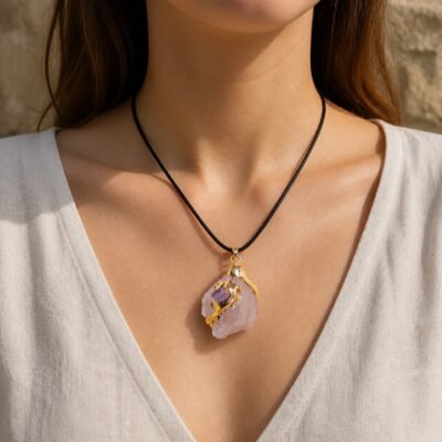 Rose Quartz Gold-Wrapped Raw Crystal Talisman Pendant