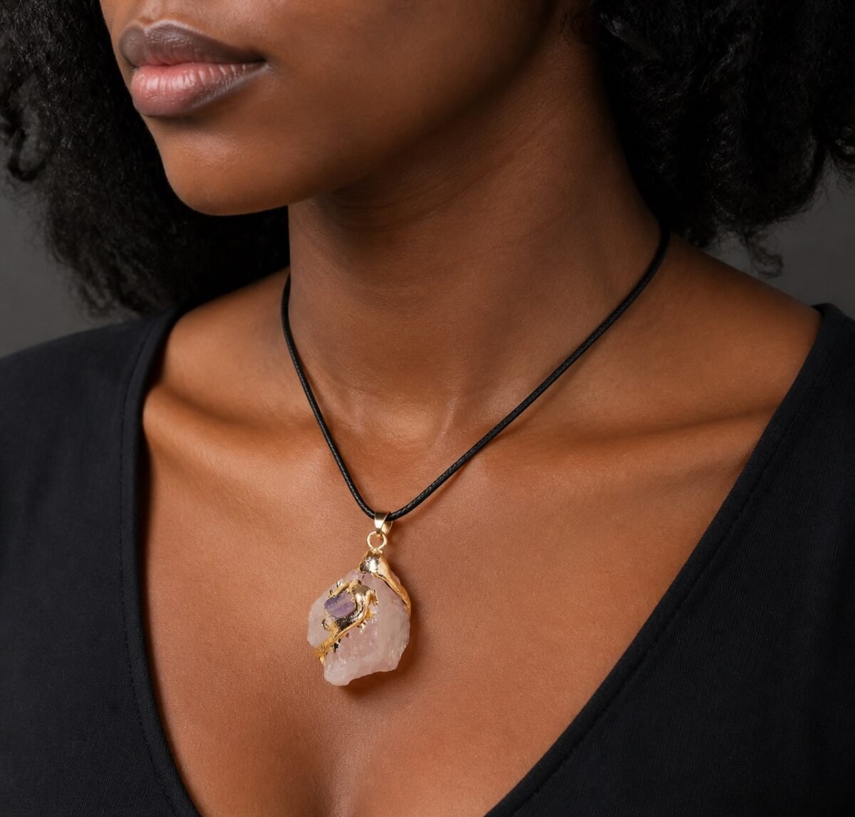 Rose Quartz Gold-Wrapped Raw Crystal Talisman Pendant