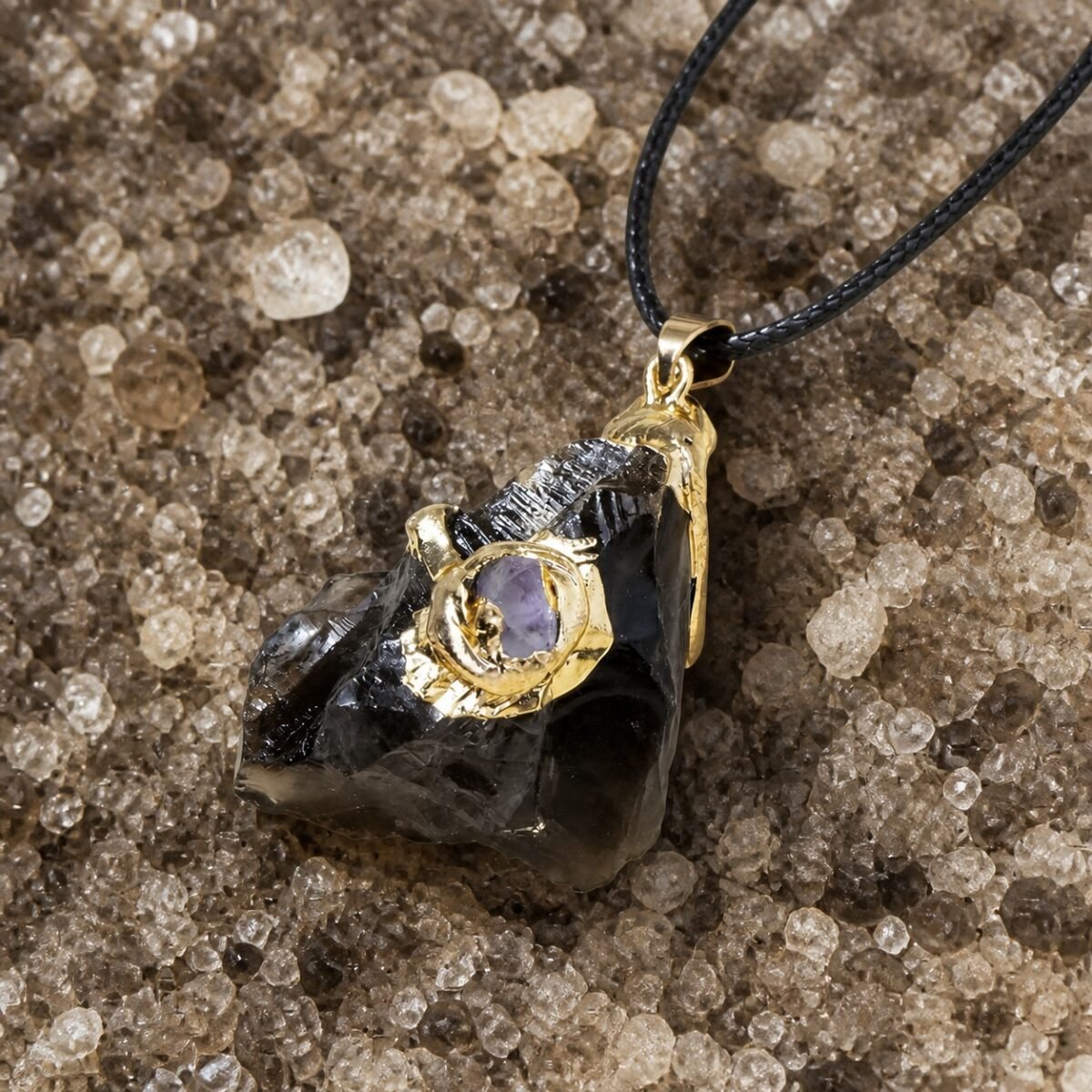 gold-wrapped-raw-crystal-talisman-pendant-collection-smoky-quartz-01-main Smoky quartz raw crystal pendant with gold-tone wrap and black hand-braided cord
