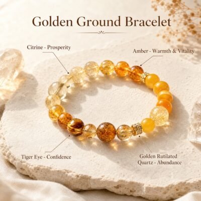 golden-ground-citrine-amber-tiger-eye-bracelet-03-english-stone-meaning Citrine Amber Tiger Eye Bracelet with a round arrangement of golden-toned mixed-crystal beads on a product card.
