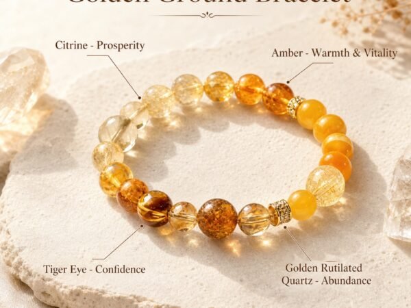 Citrine Amber Tiger Eye Bracelet with a round arrangement of golden-toned mixed-crystal beads on a product card.