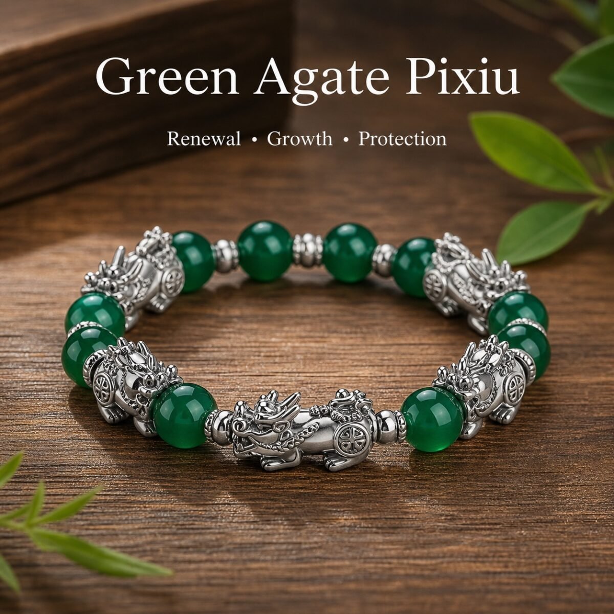 Green Agate Pixiu Bracelet with green agate beads and Thai-silver guardian detail
