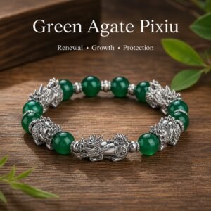 Green Agate Pixiu Bracelet with green agate beads and Thai-silver guardian detail