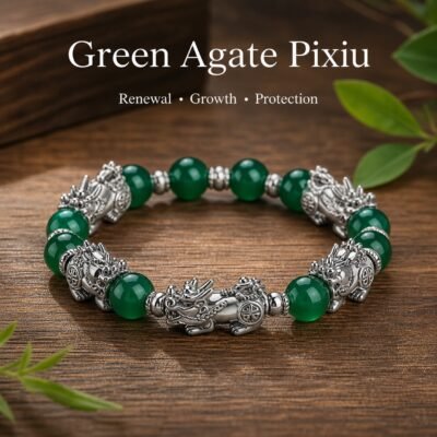 Green Agate Pixiu Bracelet with green agate beads and Thai-silver guardian detail