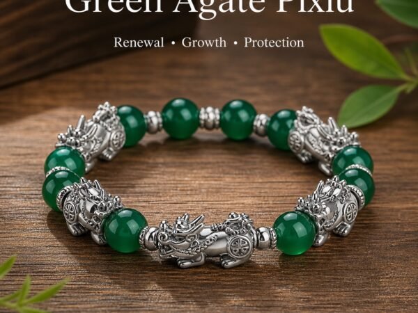 Green Agate Pixiu Bracelet with green agate beads and Thai-silver guardian detail