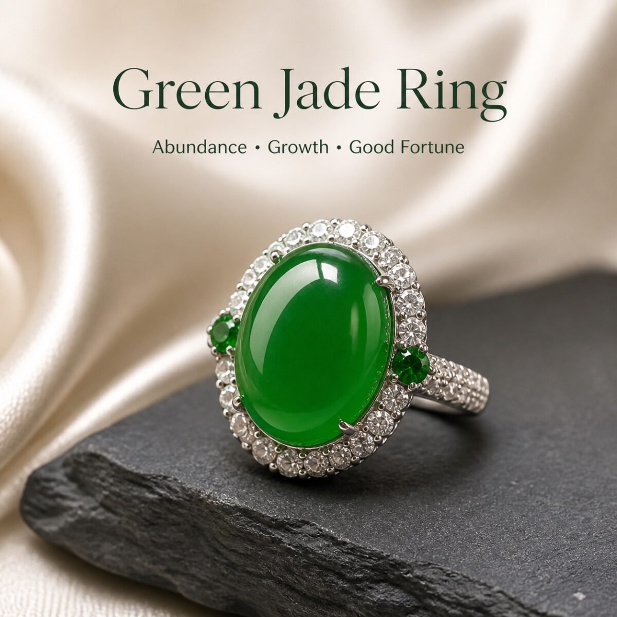 green-jade-abundance-ring-01-main Green Chalcedony Ring with Brazilian chalcedony cabochon, silver-tone halo, and green side stones