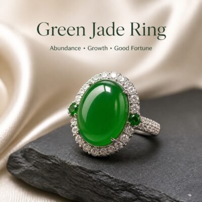green-jade-abundance-ring-01-main Green Chalcedony Ring with Brazilian chalcedony cabochon, silver-tone halo, and green side stones