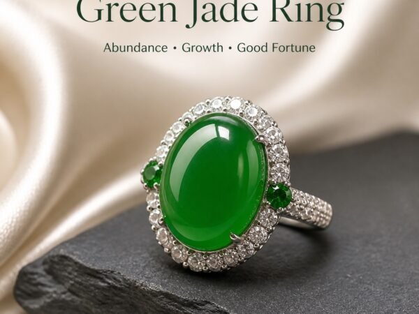 Green Chalcedony Ring with Brazilian chalcedony cabochon, silver-tone halo, and green side stones