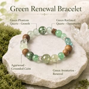Phantom Quartz Agarwood Bracelet with green crystal beads and natural wood accents on a product card.