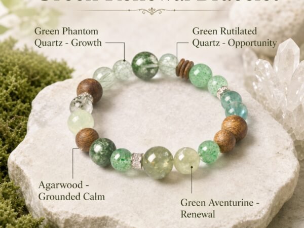 Phantom Quartz Agarwood Bracelet with green crystal beads and natural wood accents on a product card.