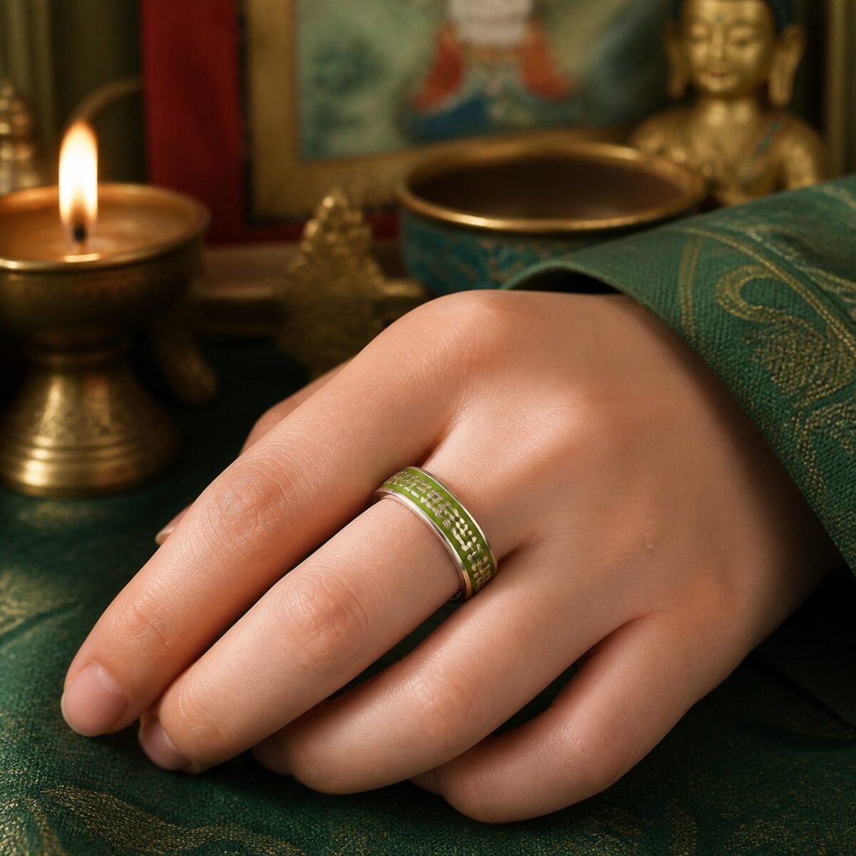 green-tara-protection-mantra-ring-02-wearing Green Tara Protection Mantra Ring