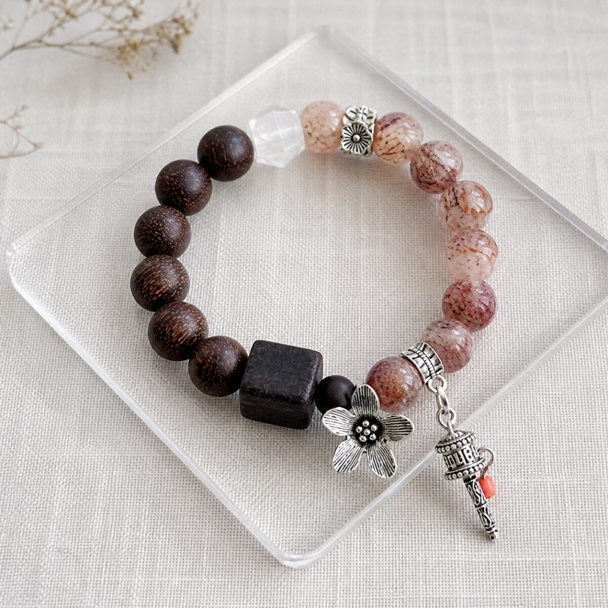 Phantom Quartz Bracelet with Agarwood and natural Super Seven quartz