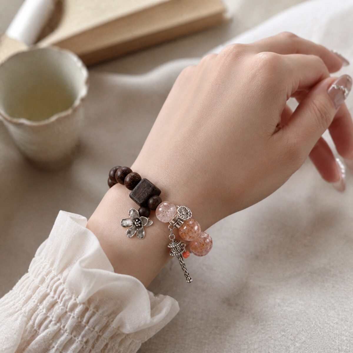 Grounded Bloom Agarwood & Phantom Quartz Bracelet