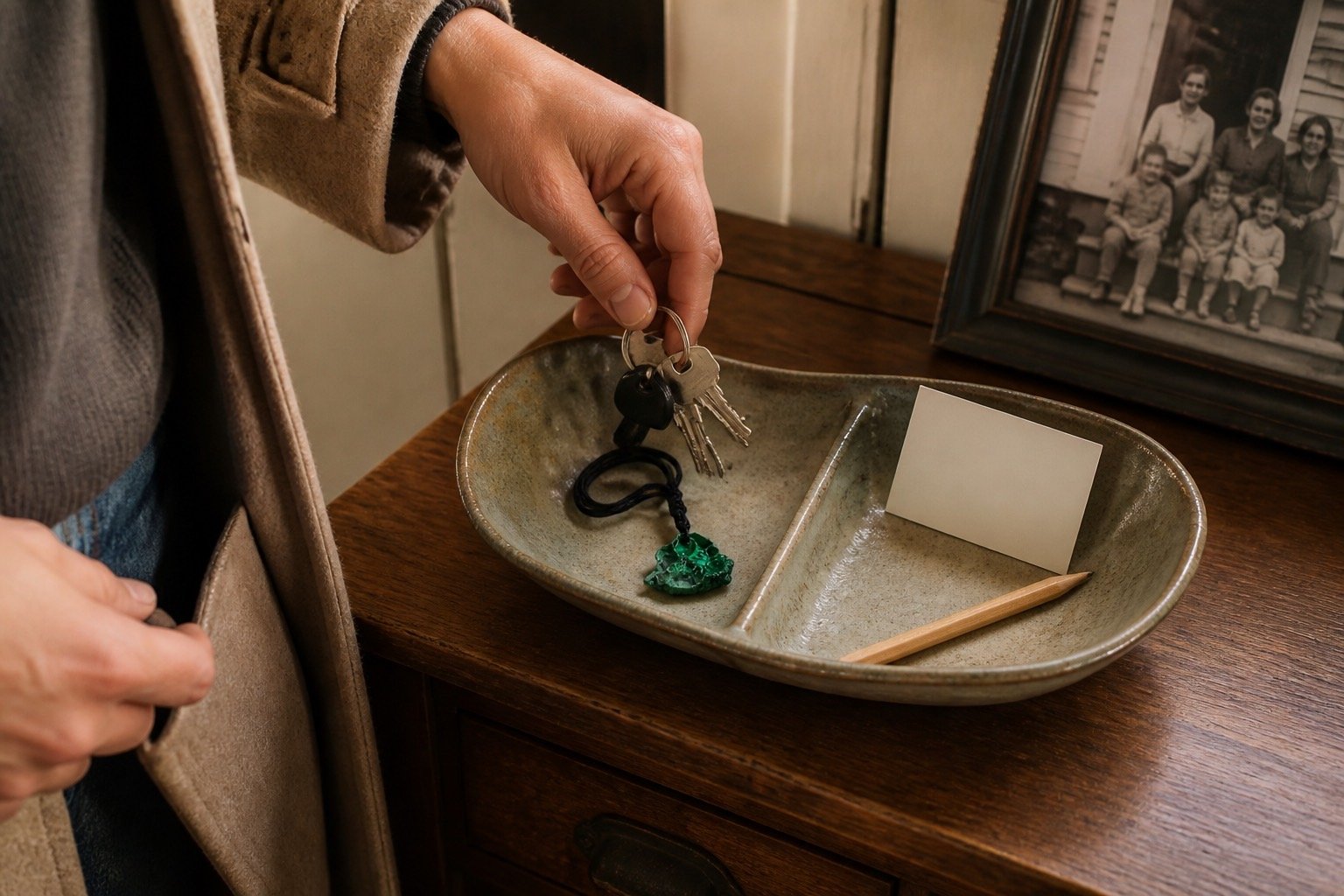A divided entryway bowl is cleared and prepared with a green stone and a welcome card for guests