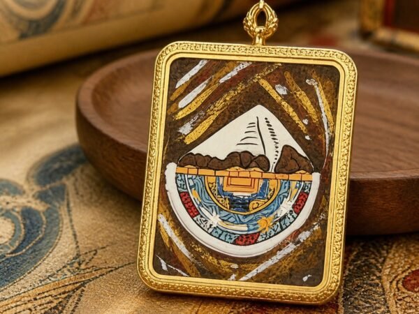 hand-painted-mount-kailash-thangka-pendant-01-main Hand-painted Mount Kailash Thangka Pendant in a gold-tone rectangular case with a lotus-form top.