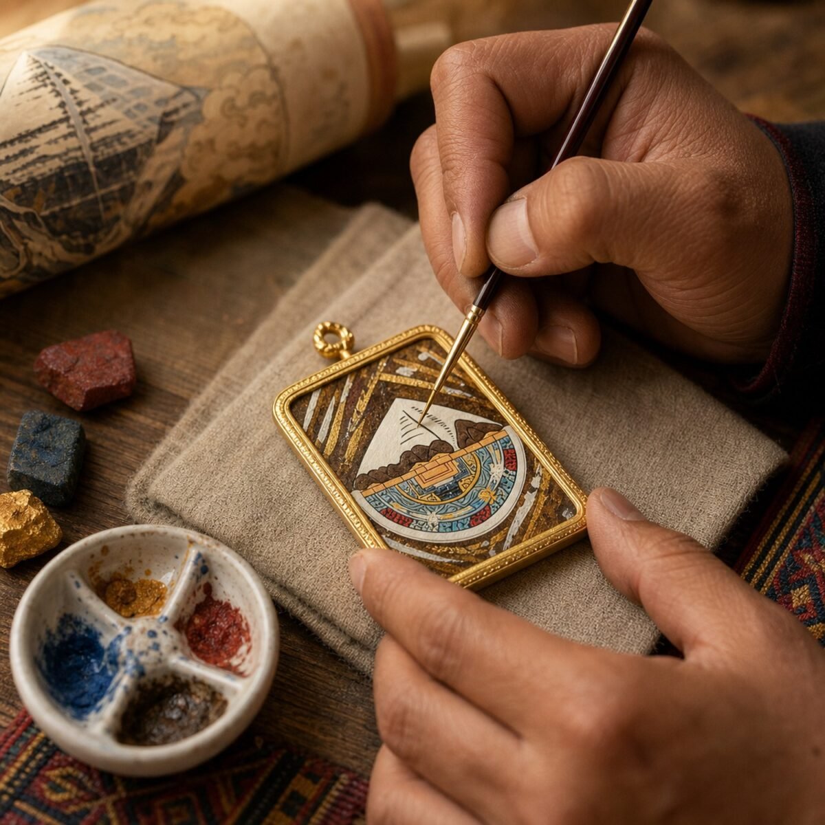 hand-painted-mount-kailash-thangka-pendant-06-artisan-painting-overview Hand-Painted Mount Kailash Thangka Pendant