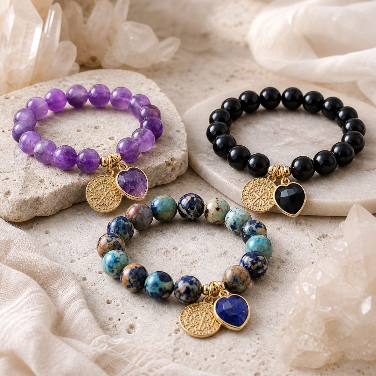 Heart Charm Stone Bracelet options in purple Amethyst, Black Agate, and patterned Imperial Jasper