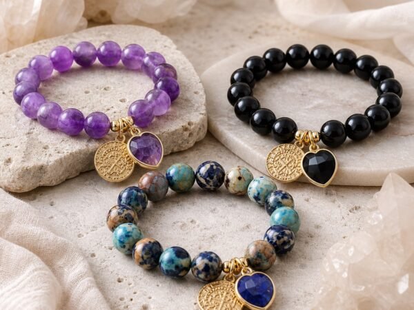 Heart Charm Stone Bracelet options in purple Amethyst, Black Agate, and patterned Imperial Jasper