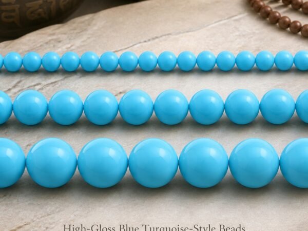 High-gloss blue turquoise beads in three listed bead sizes for DIY mala making