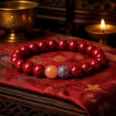 high-purity-zijinsha-cinnabar-bracelet-01-main Zijinsha cinnabar bracelet with red beads and blue-lotus cloisonn accent