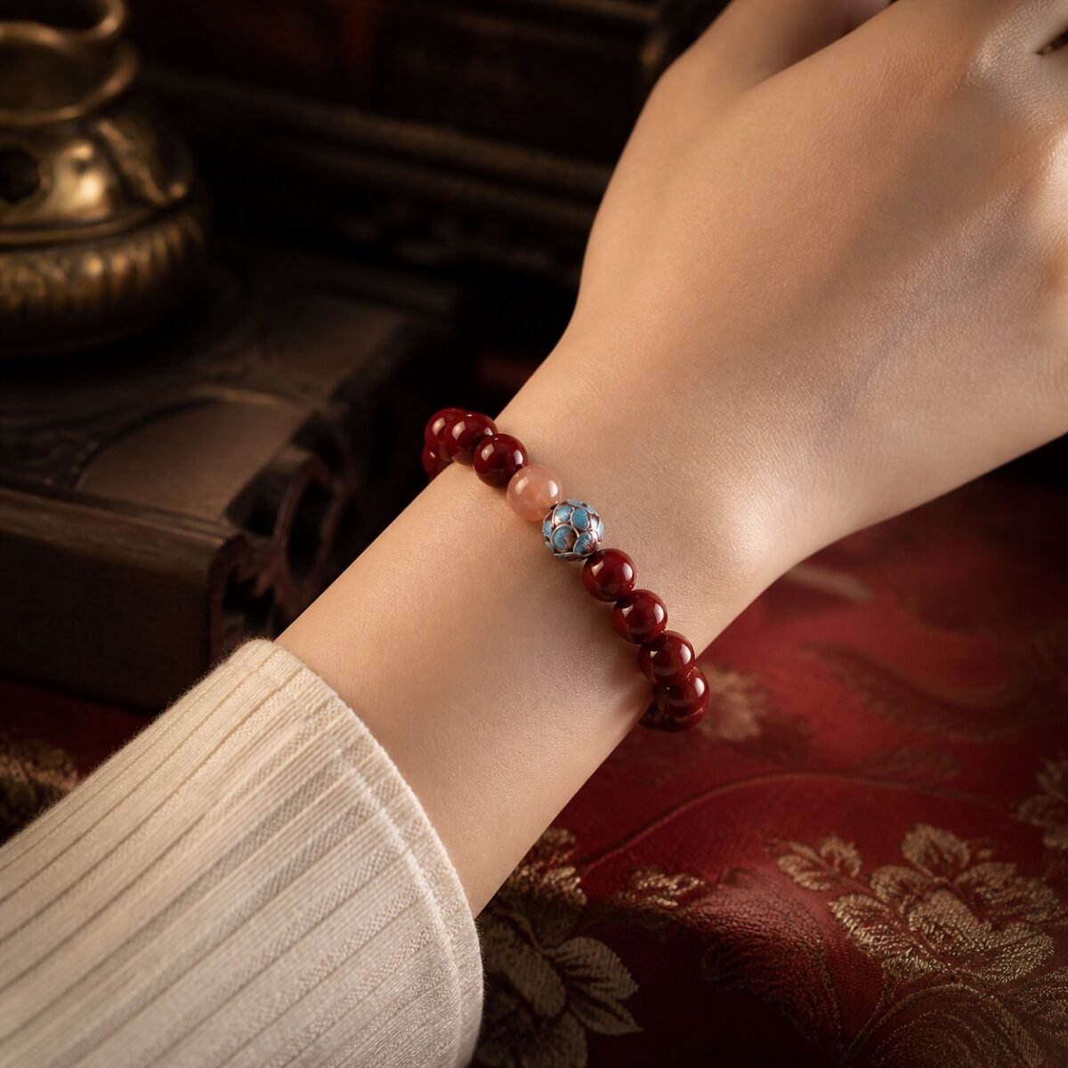 high-purity-zijinsha-cinnabar-bracelet-04-asian-wrist Lotus Radiance Cinnabar Intention Bracelet